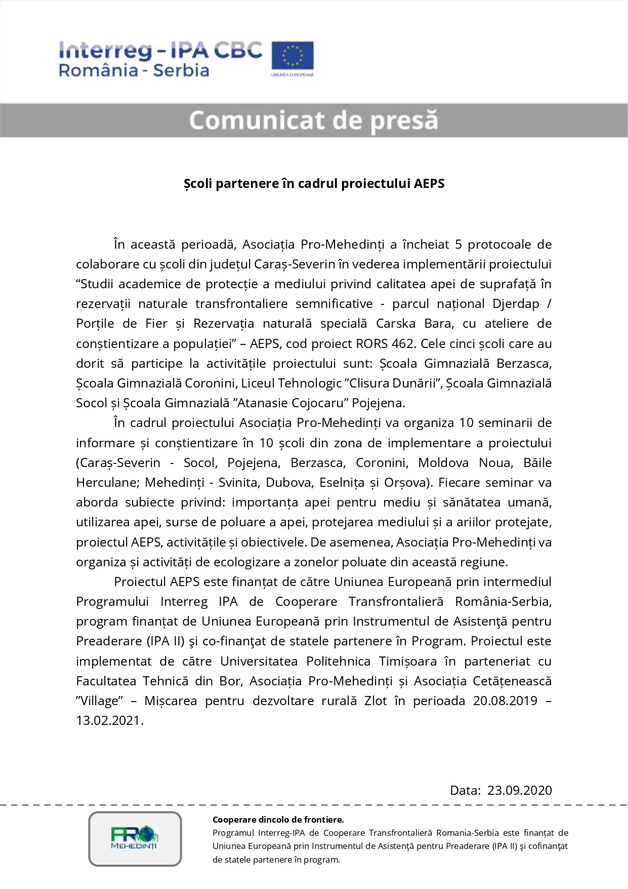 Școli partenere în cadrul proiectului AEPS – Comunicat de presă