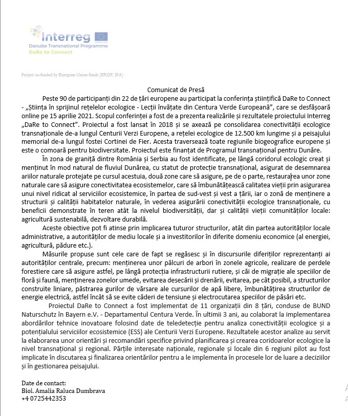 „Știința în sprijinul rețelelor ecologice – Lecții învățate din Centura Verde Europeană”- conferință în cadrul proiectului DaRe to Connect